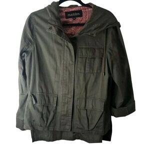 Womens Madden NYC Olive Green Utility Jacket Size M Hooded Anorak Roll Tab